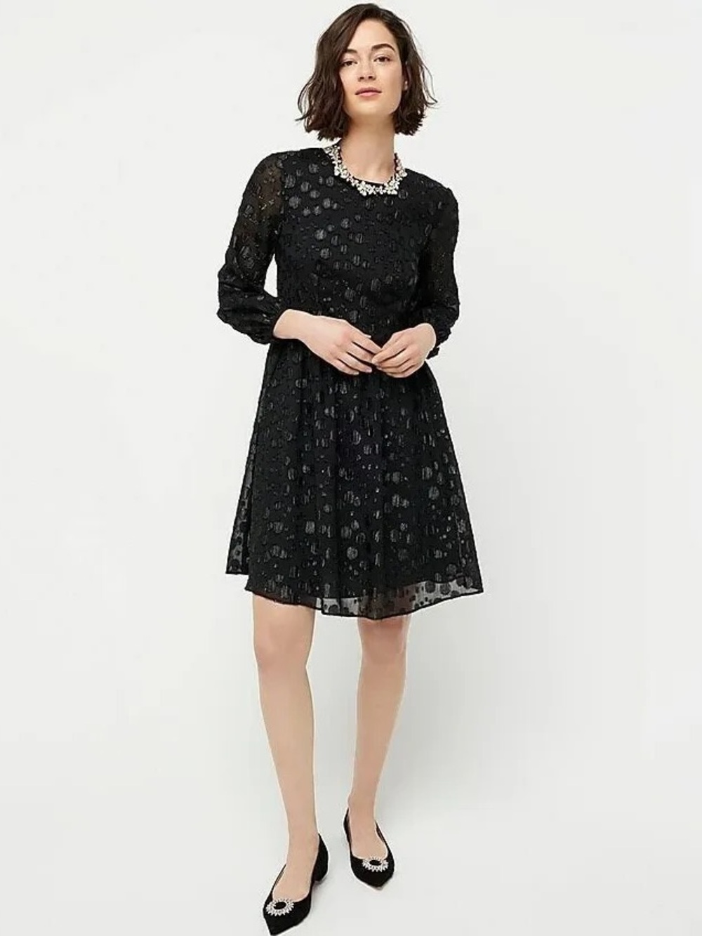 J. Crew Black Long-Sleeve Polka Dot Chiffon Dress with Shimmer A-line Pockets 4